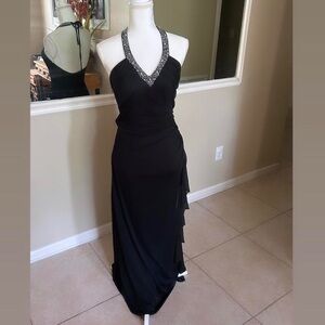 Betsy Adam by Linda Bernell Black Ruched Beaded Halter Y2K Whimsygoth Gown SZ 6